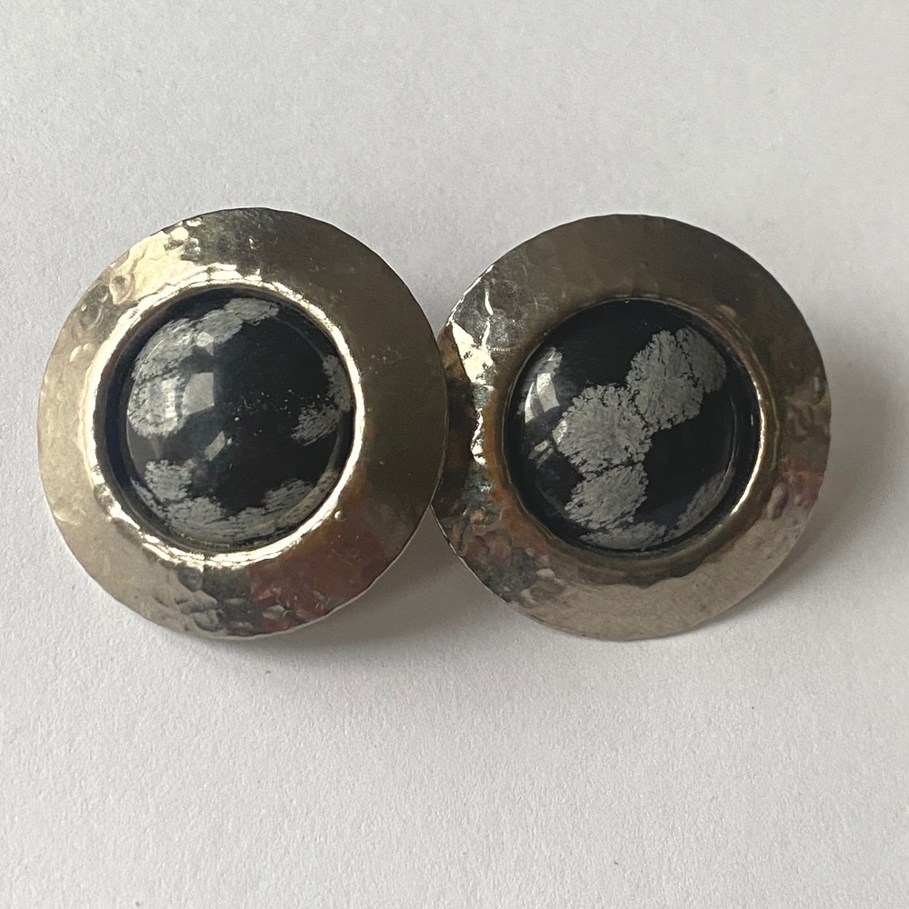 Vintage Hammered Silver Snowflake Obsidian Round Stud Earrings Statement 1"